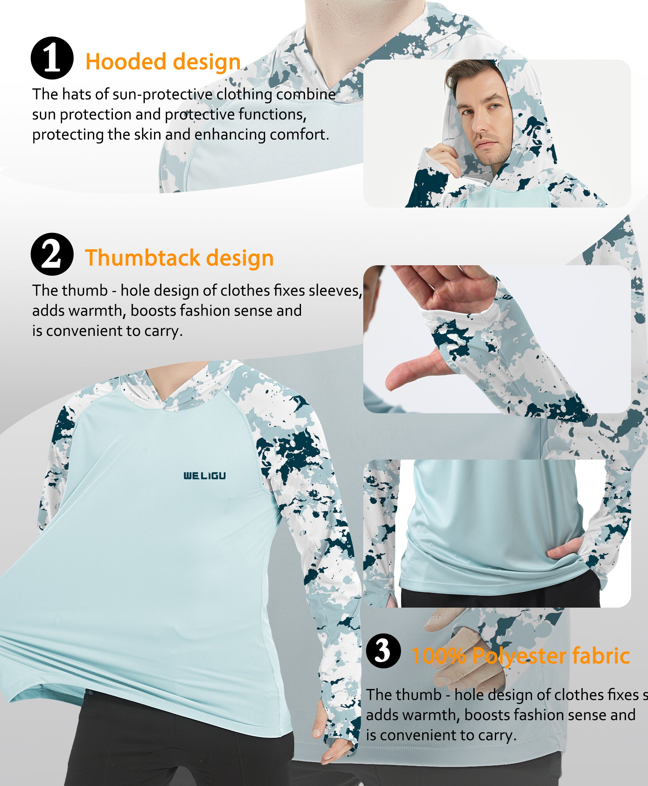 Blue Raglan Sleeve Camouflage UPF 50+ Sunscreen Hoodie