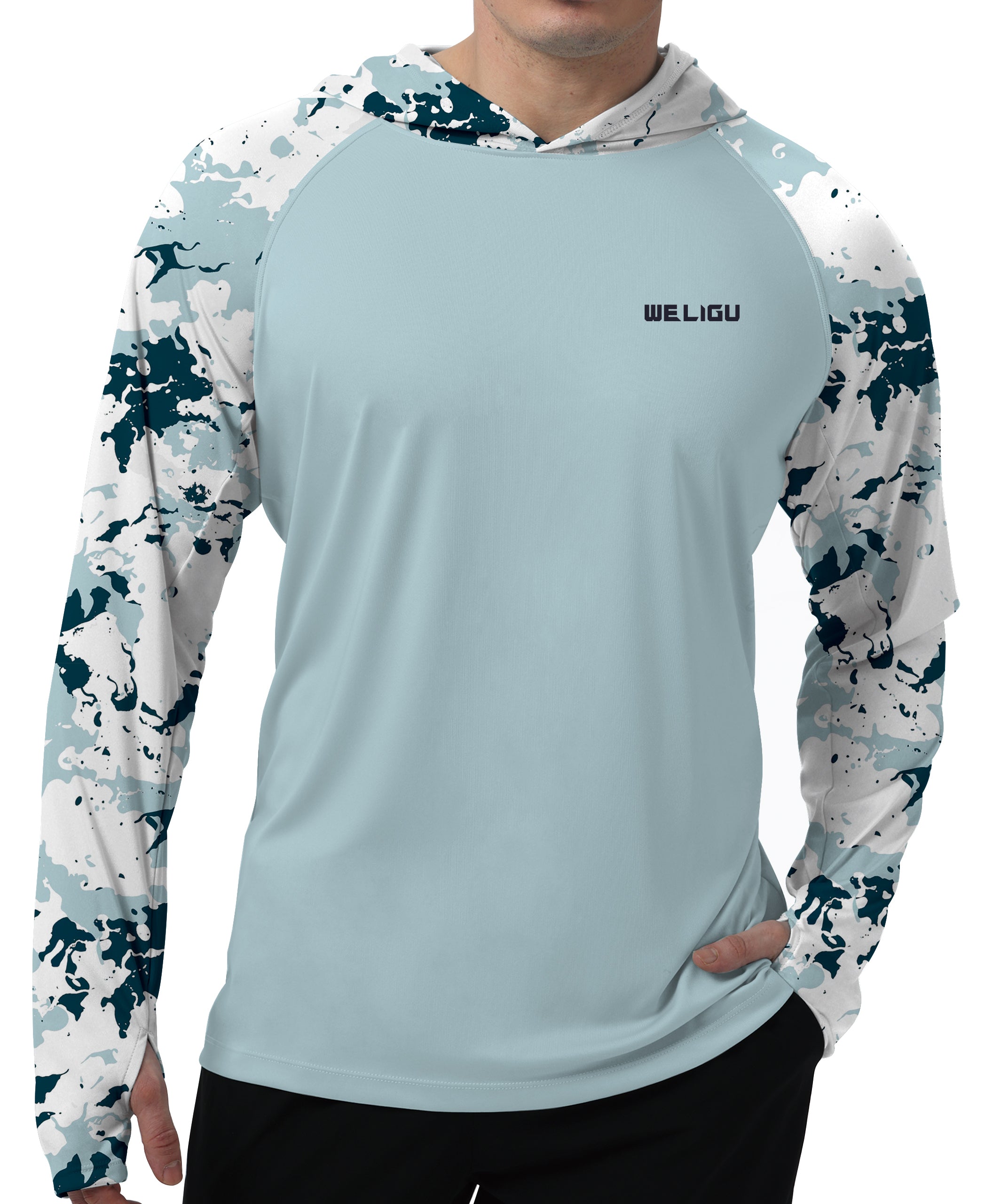 Blue Raglan Sleeve Camouflage UPF 50+ Sunscreen Hoodie