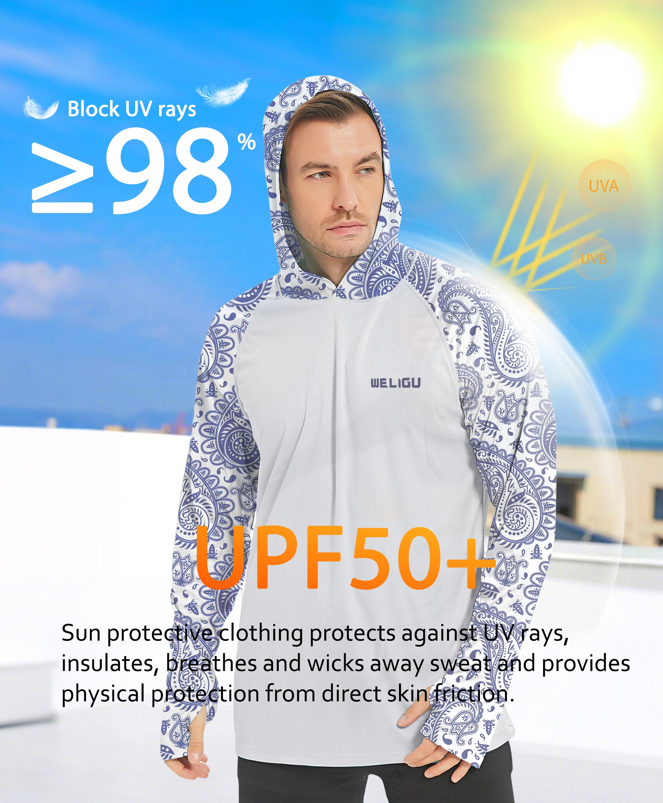 Paisley Blue Design UPF 50+ Sunscreen Hoodie