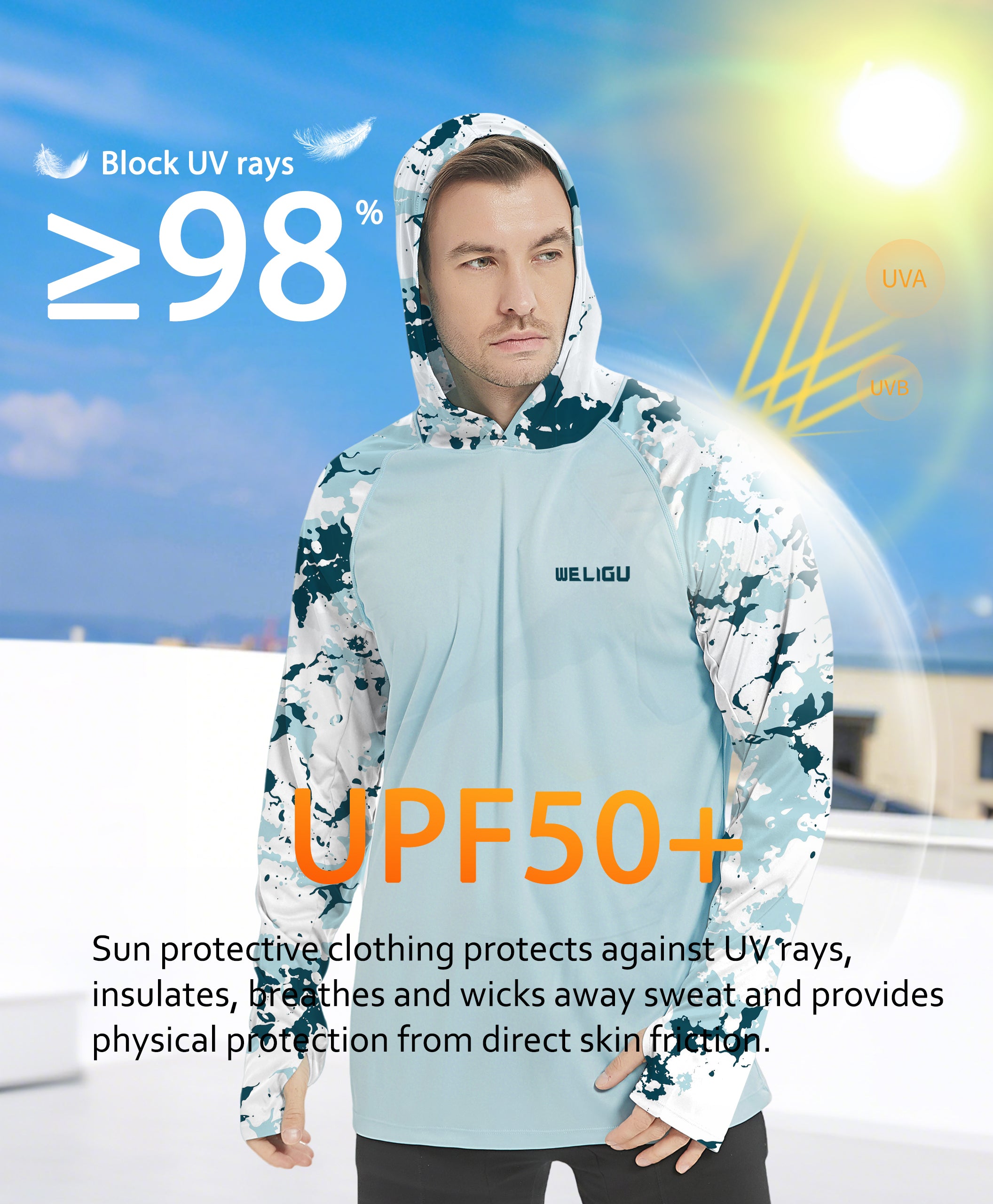 Blue Raglan Sleeve Camouflage UPF 50+ Sunscreen Hoodie
