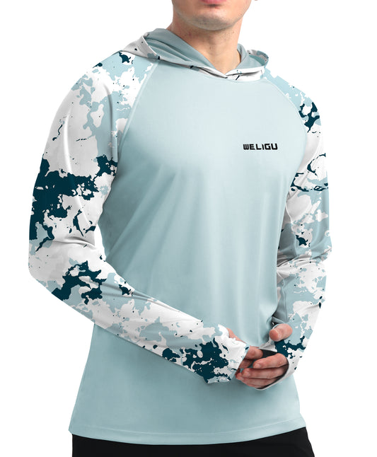 Blue Raglan Sleeve Camouflage UPF 50+ Sunscreen Hoodie