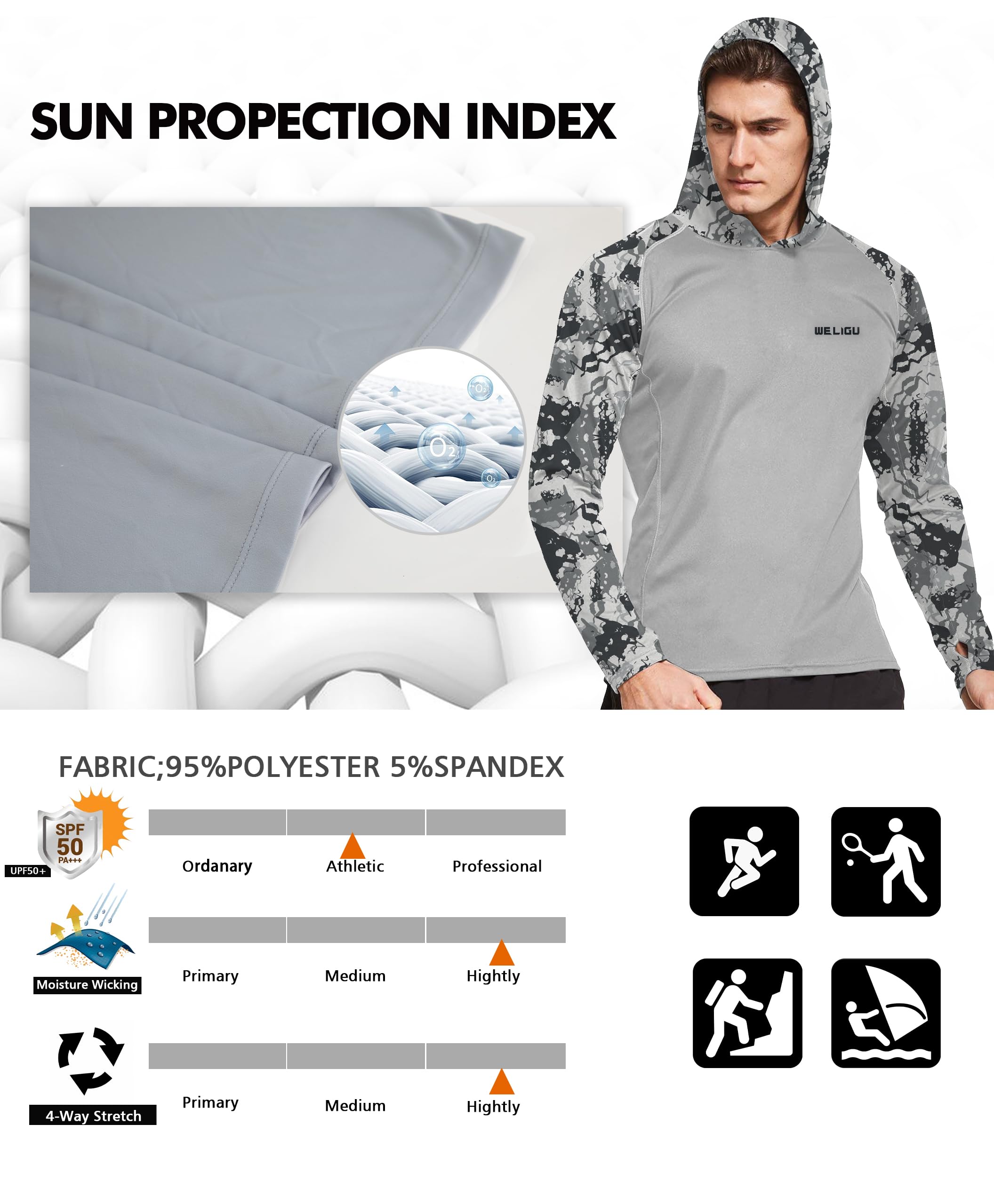 Grey Raglan Sleeve Camouflage UPF 50+ Sunscreen Hoodie