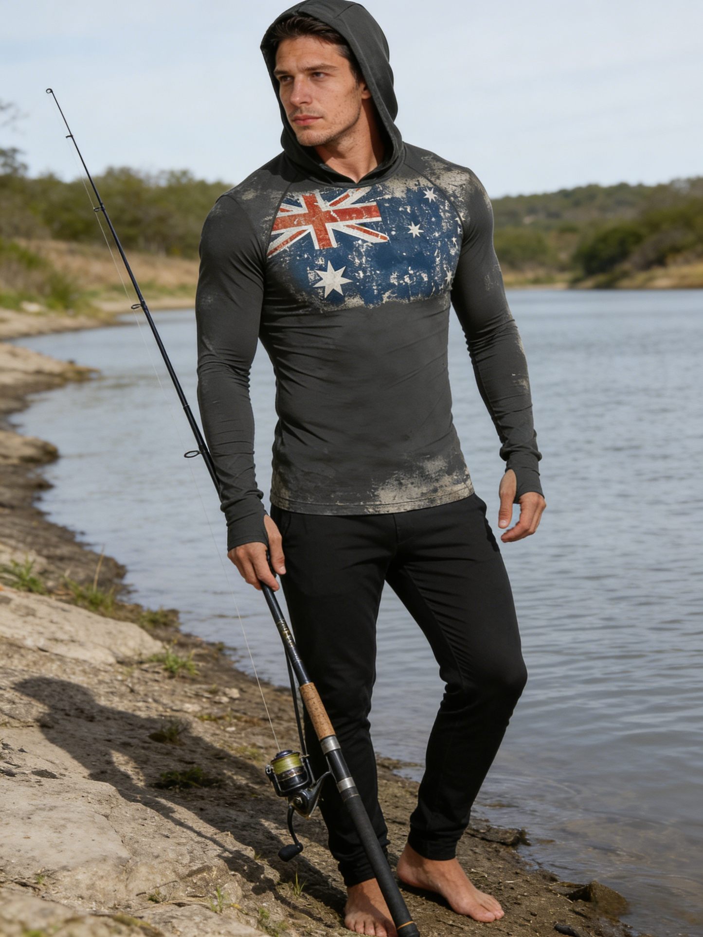 Vintage Charcoal Australian Flag UPF 50+ Sunscreen Hoodie