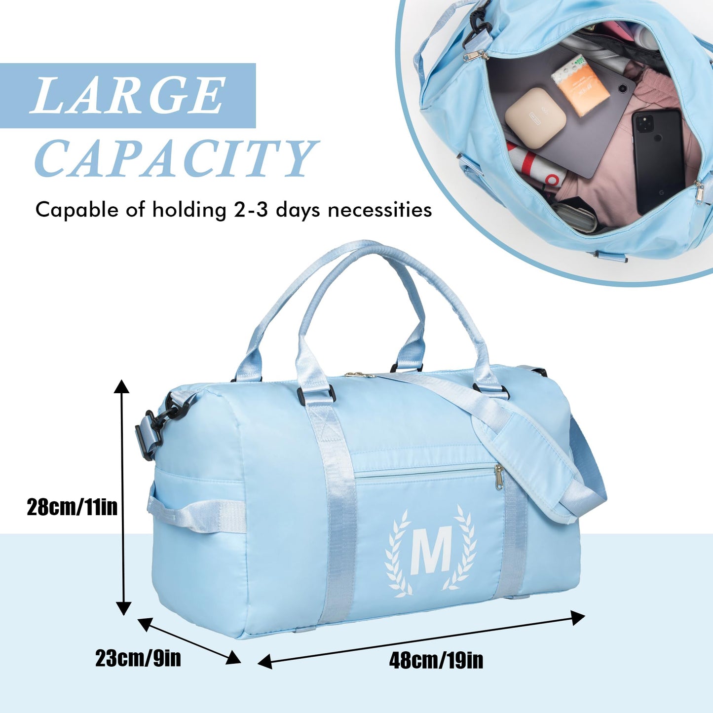Blue Gym Bag for Women, Personalized Duffle Bag with Shoe Compartment, Sports Bag for Yoga & Dance with Wet Pocket and Mat Strap