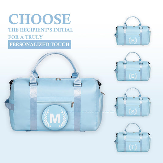 Blue Gym Bag for Women, Personalized Duffle Bag with Shoe Compartment, Sports Bag for Yoga & Dance with Wet Pocket and Mat Strap