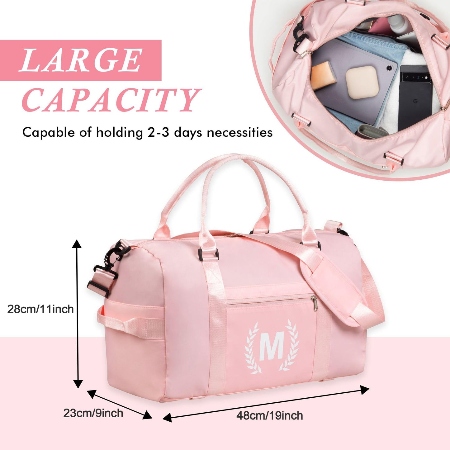 Pink Gym Bag for Women, Personalized Duffle Bag with Shoe Compartment, Sports Bag for Yoga & Dance with Wet Pocket and Mat Strap