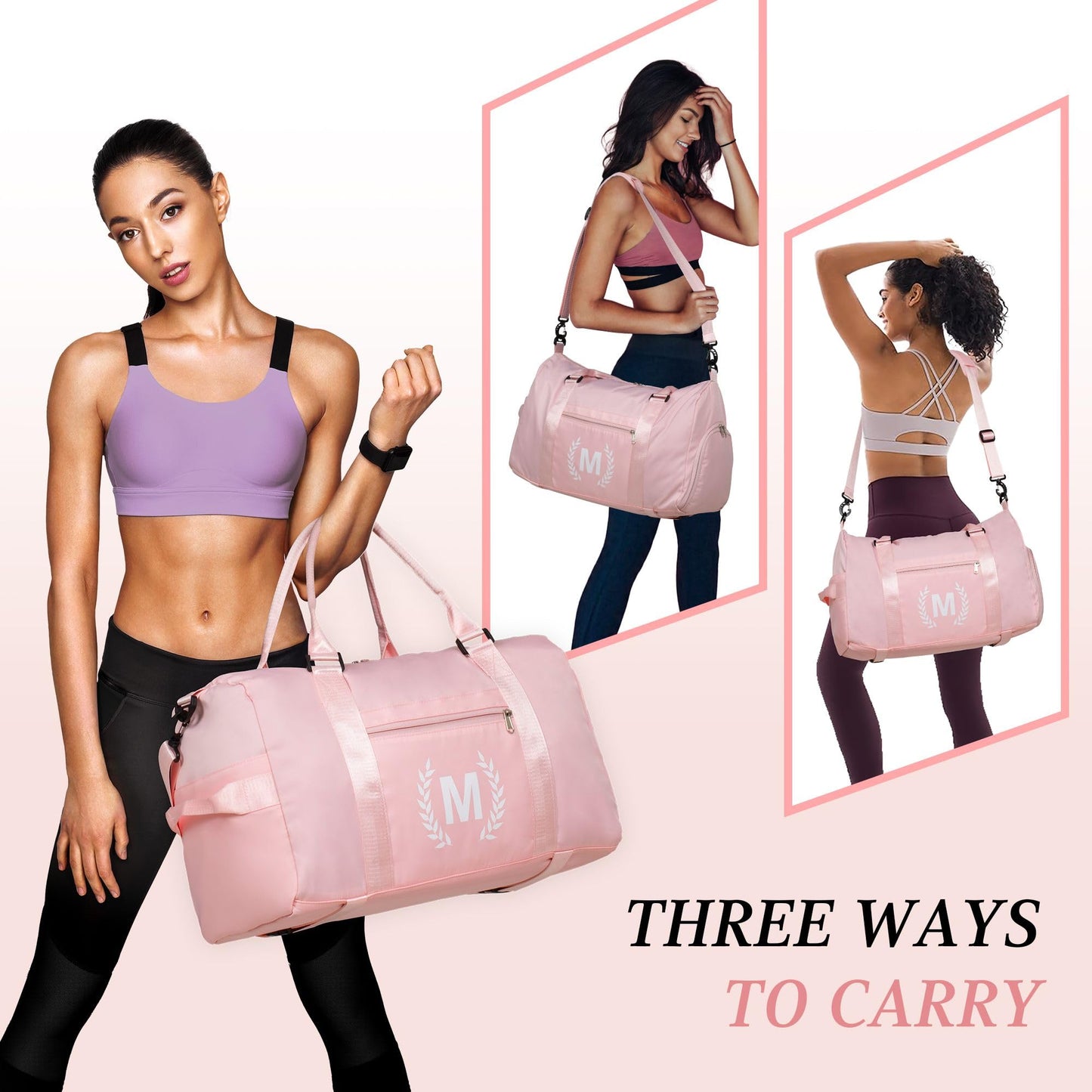 Pink Gym Bag for Women, Personalized Duffle Bag with Shoe Compartment, Sports Bag for Yoga & Dance with Wet Pocket and Mat Strap
