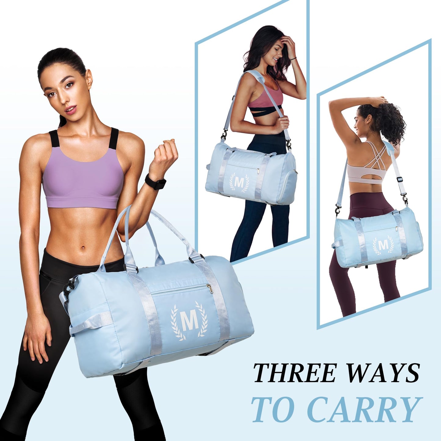 Blue Gym Bag for Women, Personalized Duffle Bag with Shoe Compartment, Sports Bag for Yoga & Dance with Wet Pocket and Mat Strap