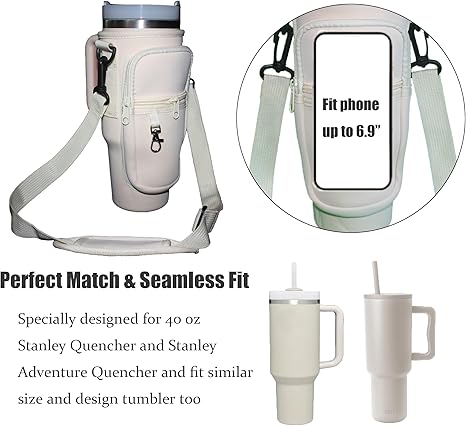 Adjustable Water Bottle Carrier Bag with Shoulder Strap, Tumbler Cup Holder, 40oz Tumbler Bag with Cell Phone Pouch, Cute Girly Accessories for Travel, Gym, and Outdoor Use (Mug Not Included)