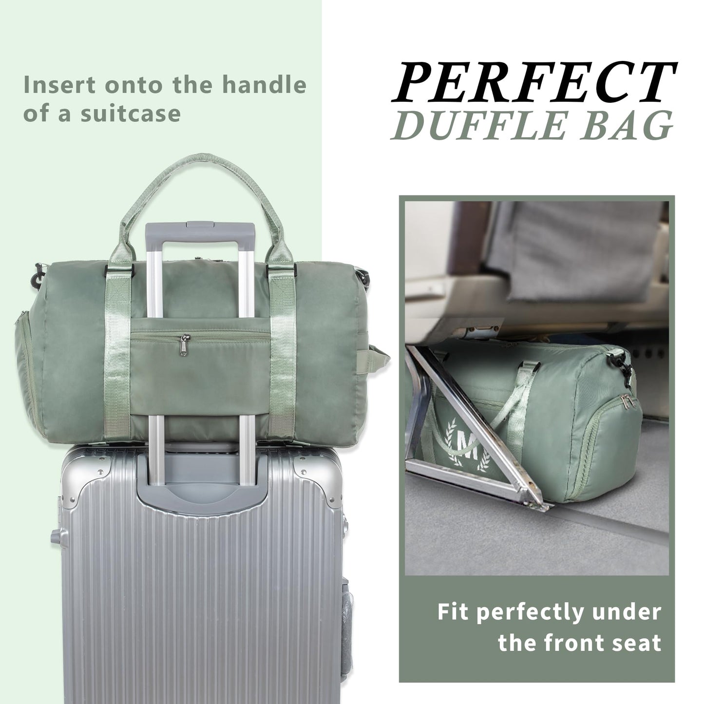 Green Gym Bag for Women, Personalized Duffle Bag with Shoe Compartment, Sports Bag for Yoga & Dance with Wet Pocket and Mat Strap