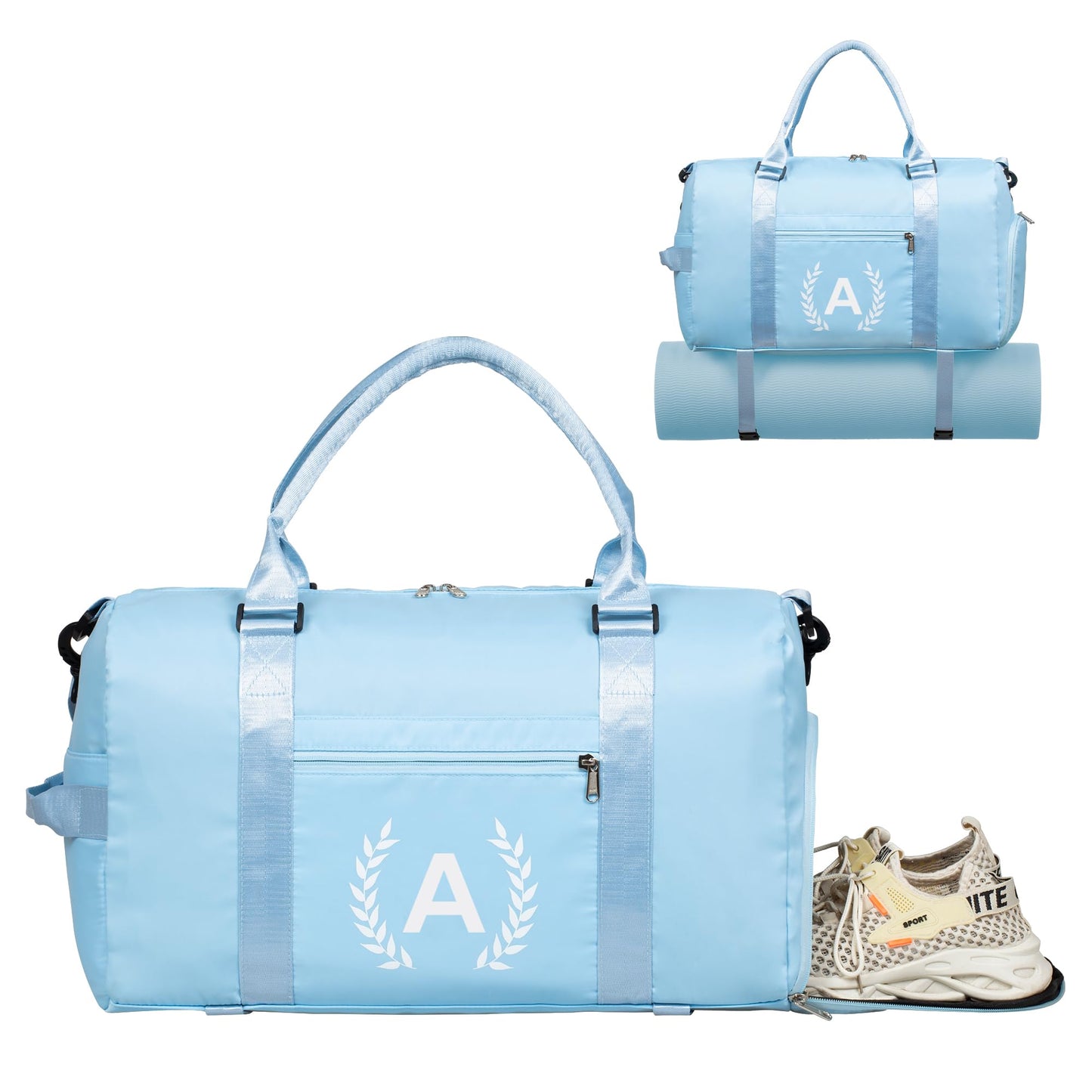 Blue Gym Bag for Women, Personalized Duffle Bag with Shoe Compartment, Sports Bag for Yoga & Dance with Wet Pocket and Mat Strap