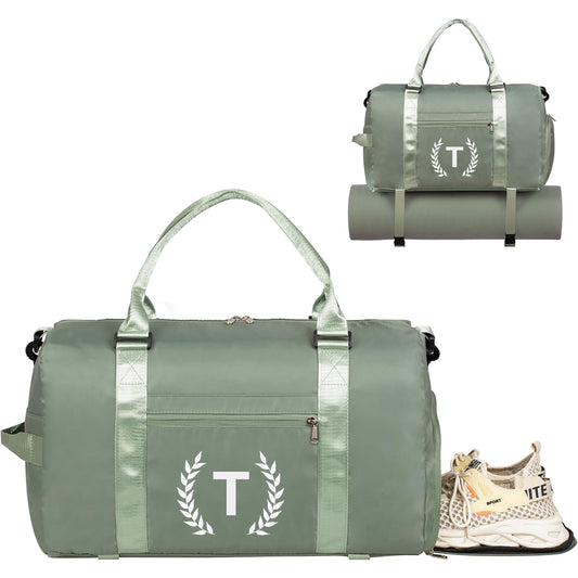 Green Gym Bag for Women, Personalized Duffle Bag with Shoe Compartment, Sports Bag for Yoga & Dance with Wet Pocket and Mat Strap