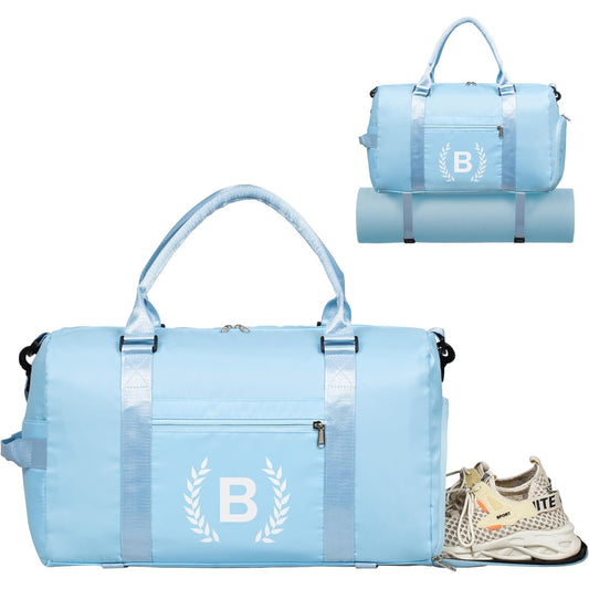 Blue Gym Bag for Women, Personalized Duffle Bag with Shoe Compartment, Sports Bag for Yoga & Dance with Wet Pocket and Mat Strap