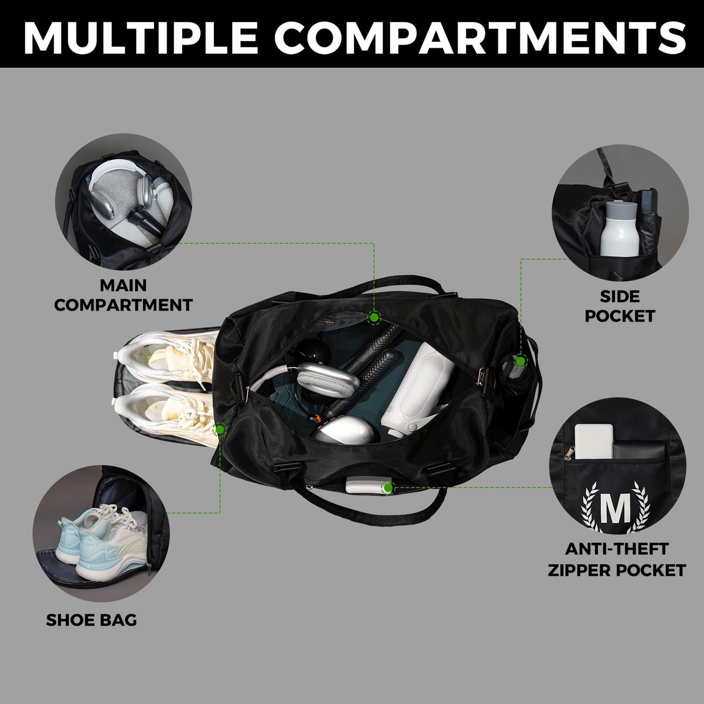 Black Gym Bag for Women, Personalized Duffle Bag with Shoe Compartment, Sports Bag for Yoga & Dance with Wet Pocket and Mat Strap