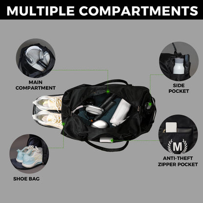 Black Gym Bag for Women, Personalized Duffle Bag with Shoe Compartment, Sports Bag for Yoga & Dance with Wet Pocket and Mat Strap