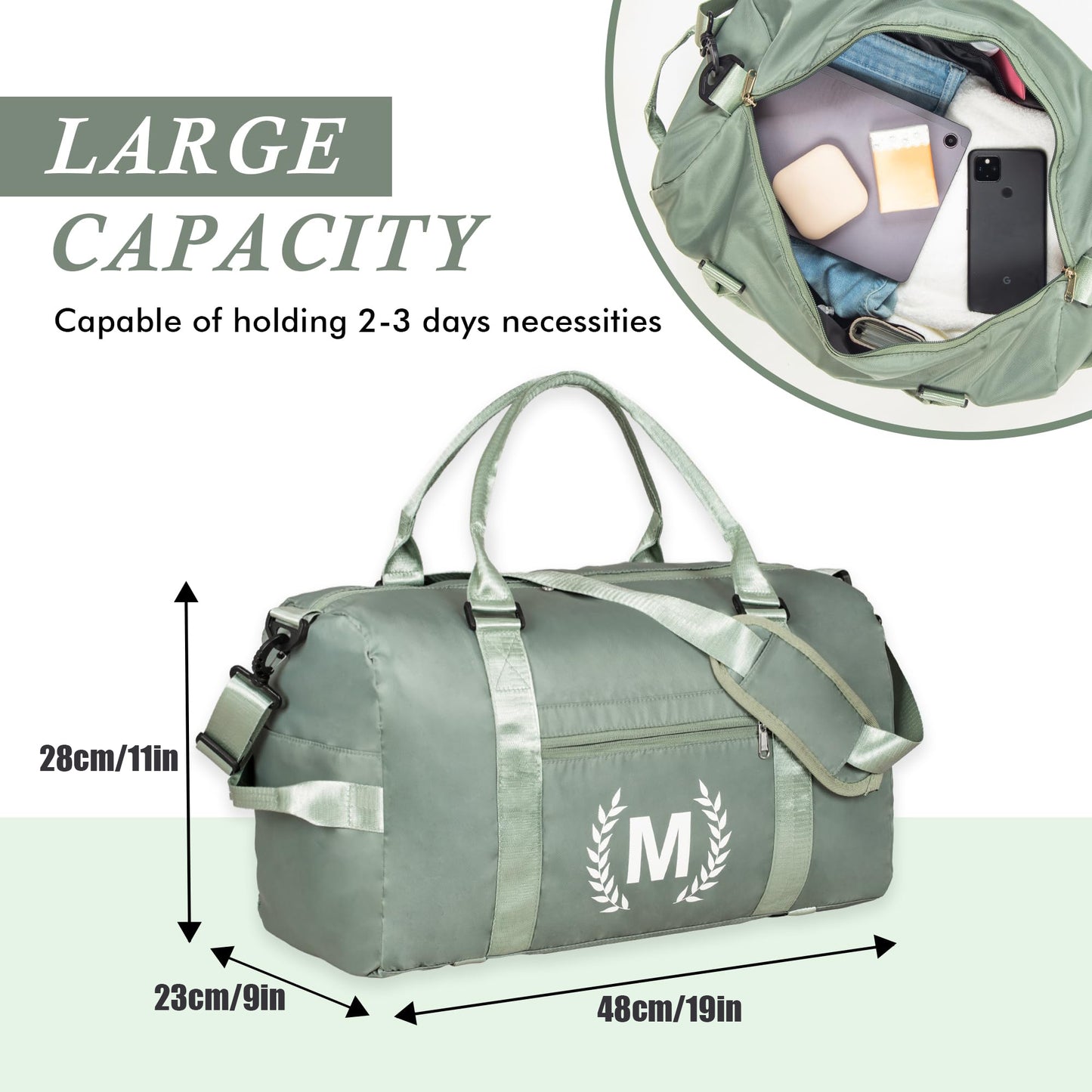 Green Gym Bag for Women, Personalized Duffle Bag with Shoe Compartment, Sports Bag for Yoga & Dance with Wet Pocket and Mat Strap
