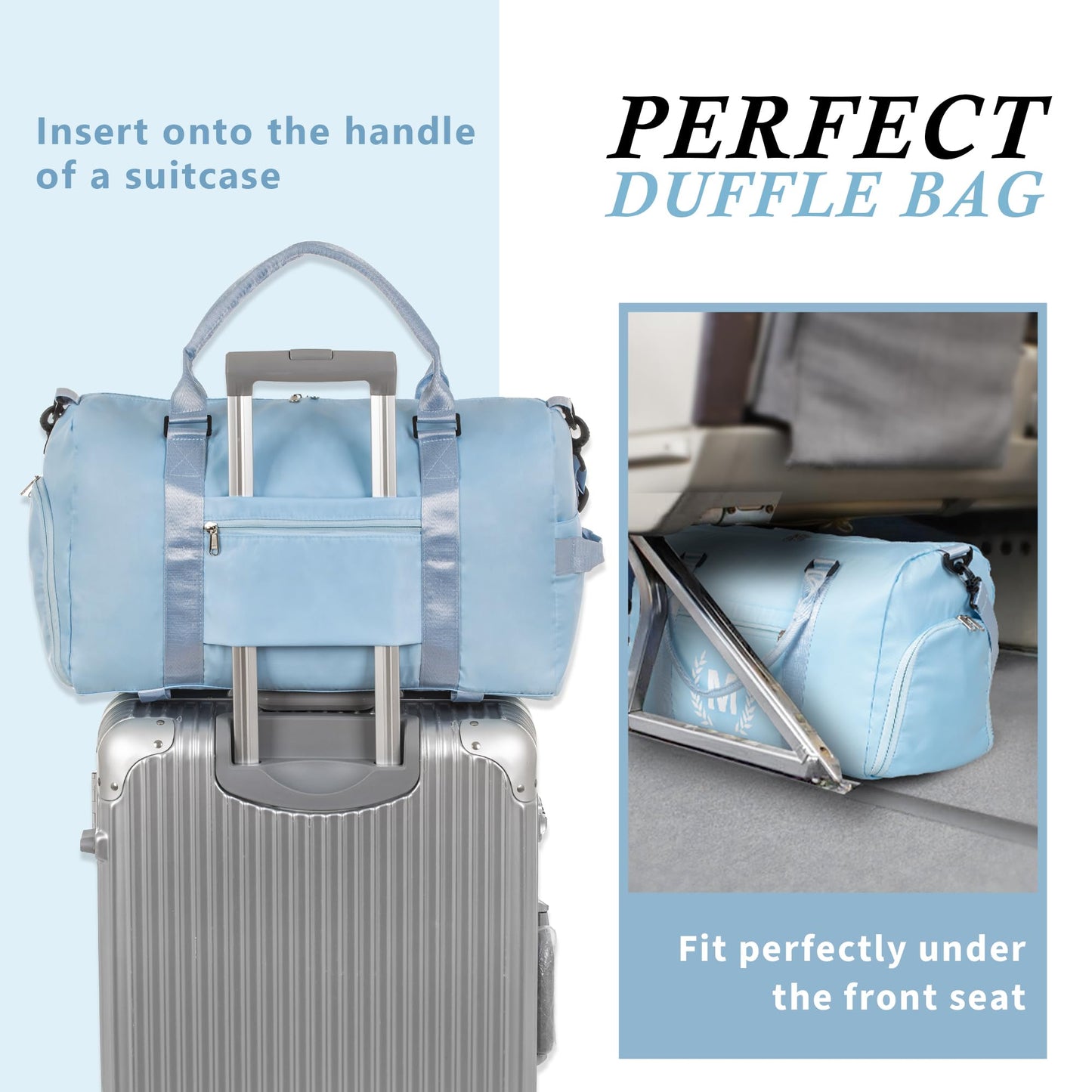 Blue Gym Bag for Women, Personalized Duffle Bag with Shoe Compartment, Sports Bag for Yoga & Dance with Wet Pocket and Mat Strap