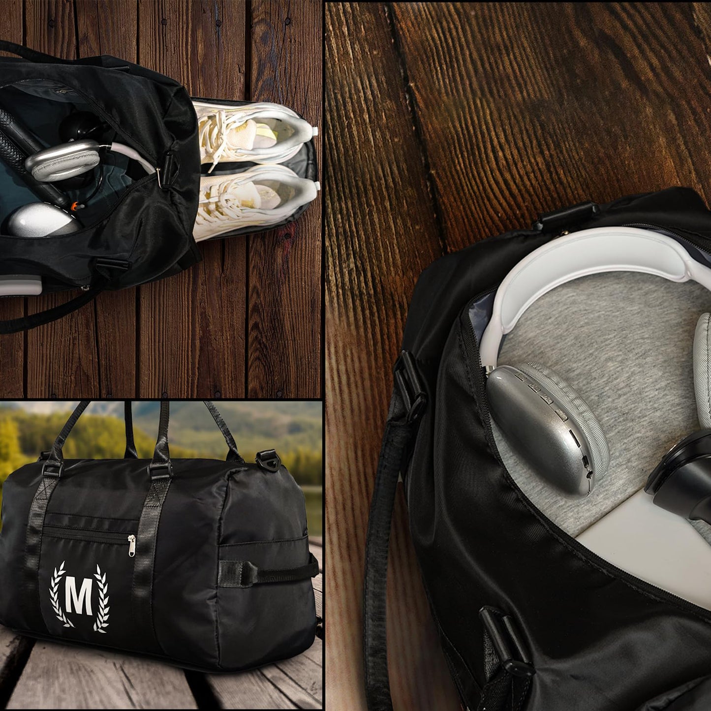 Black Gym Bag for Women, Personalized Duffle Bag with Shoe Compartment, Sports Bag for Yoga & Dance with Wet Pocket and Mat Strap