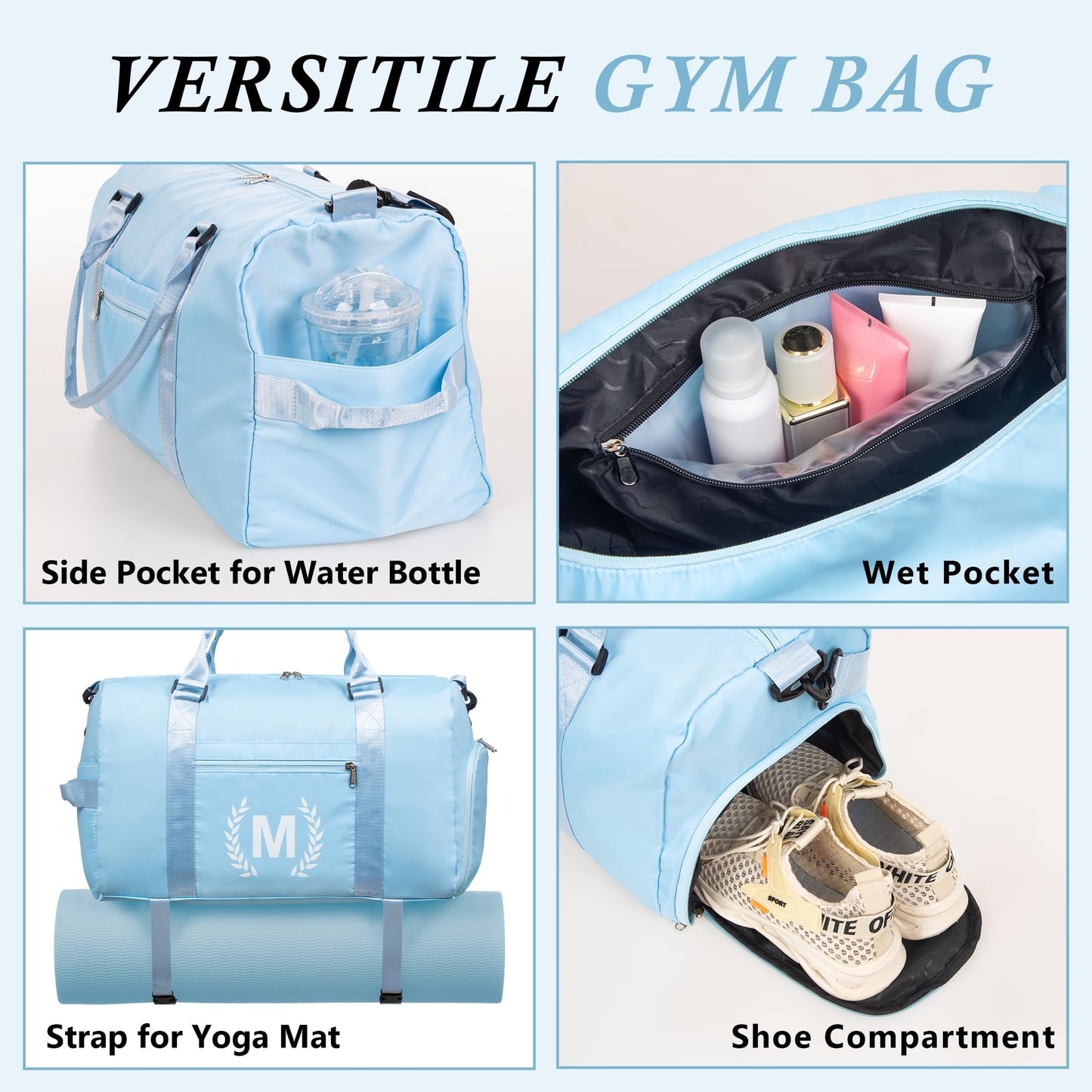 Blue Gym Bag for Women, Personalized Duffle Bag with Shoe Compartment, Sports Bag for Yoga & Dance with Wet Pocket and Mat Strap