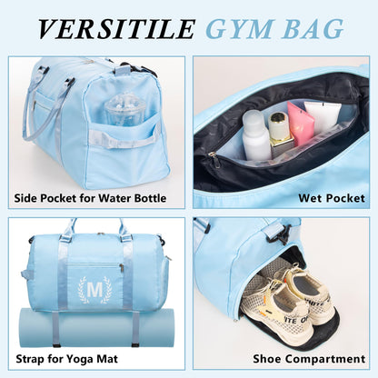 Blue Gym Bag for Women, Personalized Duffle Bag with Shoe Compartment, Sports Bag for Yoga & Dance with Wet Pocket and Mat Strap