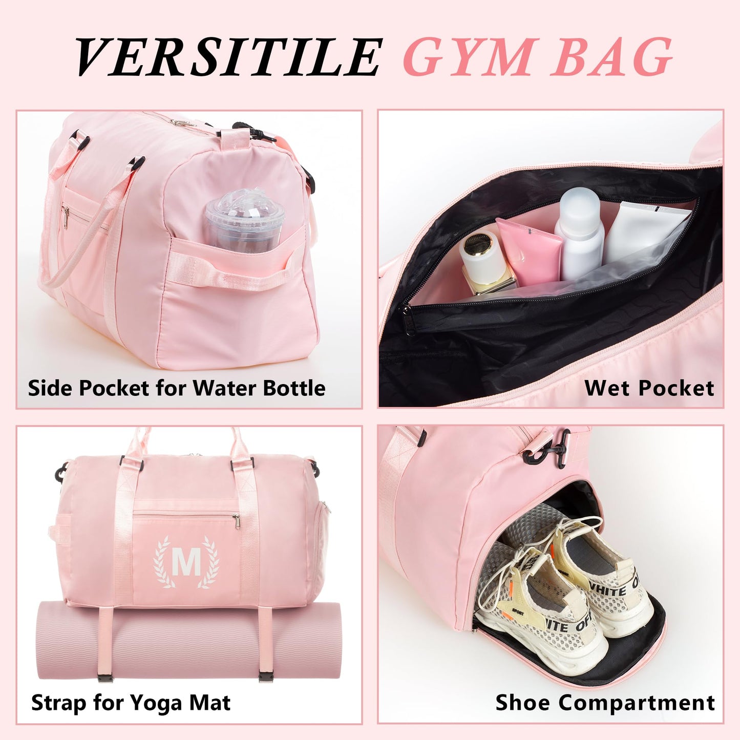 Pink Gym Bag for Women, Personalized Duffle Bag with Shoe Compartment, Sports Bag for Yoga & Dance with Wet Pocket and Mat Strap