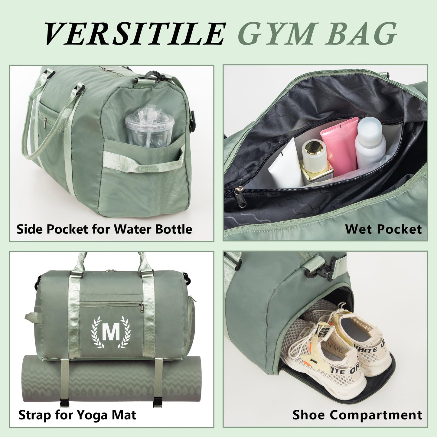Green Gym Bag for Women, Personalized Duffle Bag with Shoe Compartment, Sports Bag for Yoga & Dance with Wet Pocket and Mat Strap