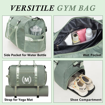 Green Gym Bag for Women, Personalized Duffle Bag with Shoe Compartment, Sports Bag for Yoga & Dance with Wet Pocket and Mat Strap