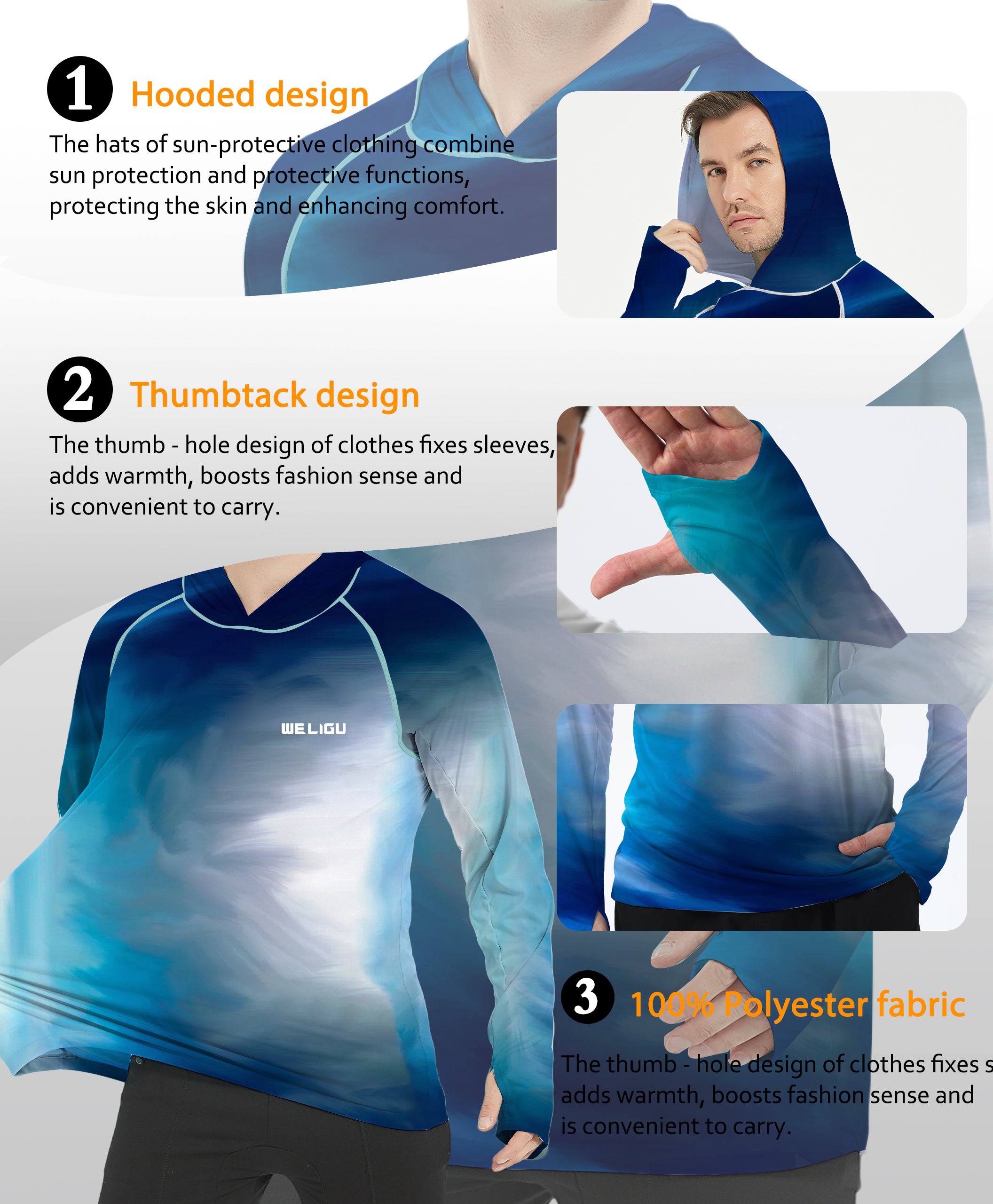 Tie Dye Blue Gradient UPF 50+ Sunscreen Hoodie