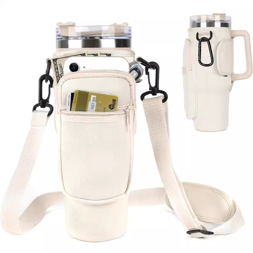 Adjustable Water Bottle Carrier Bag with Shoulder Strap, Tumbler Cup Holder, 40oz Tumbler Bag with Cell Phone Pouch, Cute Girly Accessories for Travel, Gym, and Outdoor Use (Mug Not Included)