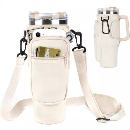 Adjustable Water Bottle Carrier Bag with Shoulder Strap, Tumbler Cup Holder, 40oz Tumbler Bag with Cell Phone Pouch, Cute Girly Accessories for Travel, Gym, and Outdoor Use (Mug Not Included)