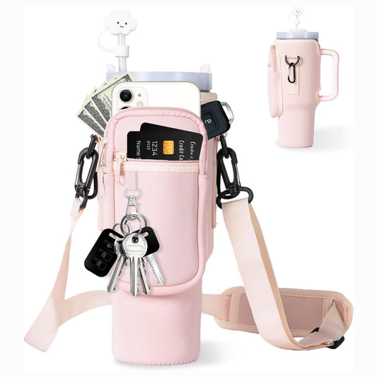 Adjustable Water Bottle Carrier Bag with Shoulder Strap, Tumbler Cup Holder, 40oz Tumbler Bag with Cell Phone Pouch, Cute Girly Accessories for Travel, Gym, and Outdoor Use (Mug Not Included)