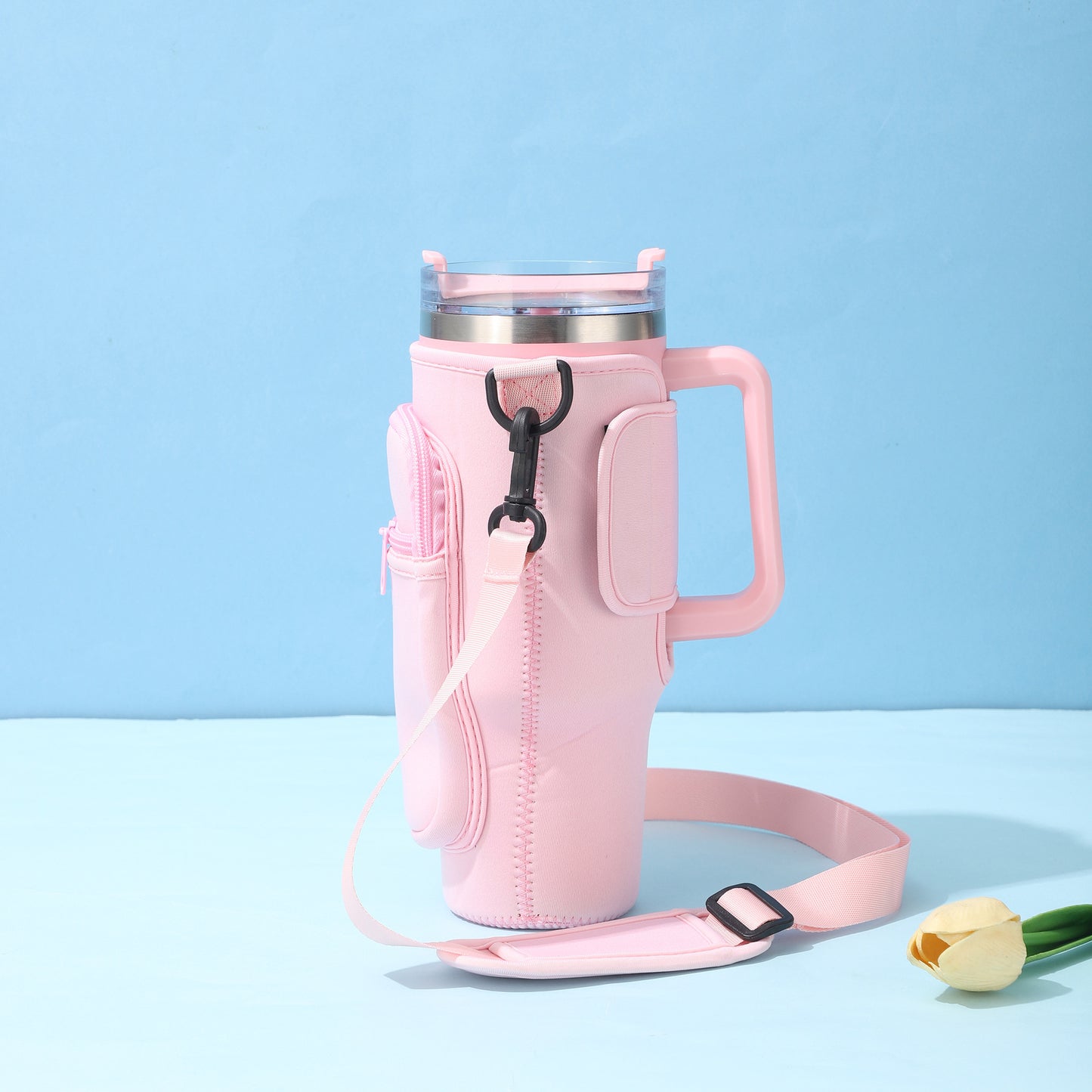 Adjustable Water Bottle Carrier Bag with Shoulder Strap, Tumbler Cup Holder, 40oz Tumbler Bag with Cell Phone Pouch, Cute Girly Accessories for Travel, Gym, and Outdoor Use (Mug Not Included)