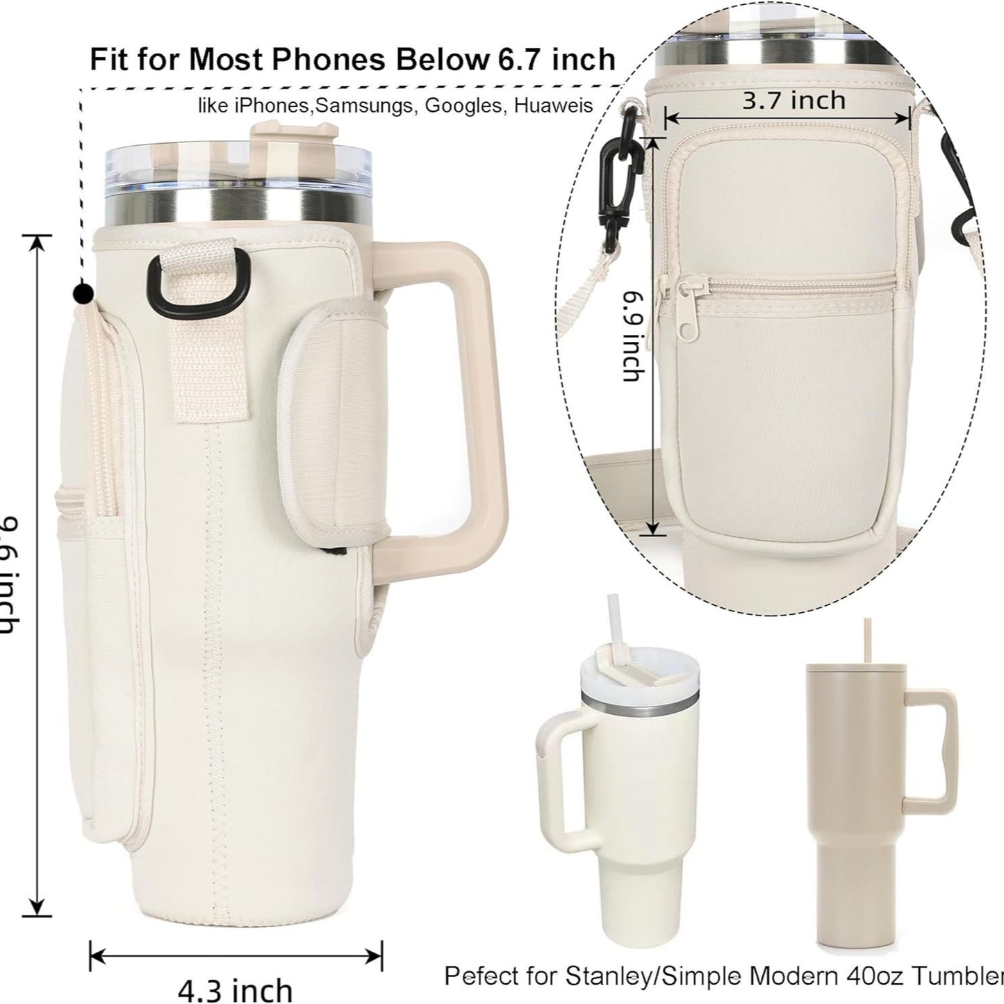 Adjustable Water Bottle Carrier Bag with Shoulder Strap, Tumbler Cup Holder, 40oz Tumbler Bag with Cell Phone Pouch, Cute Girly Accessories for Travel, Gym, and Outdoor Use (Mug Not Included)
