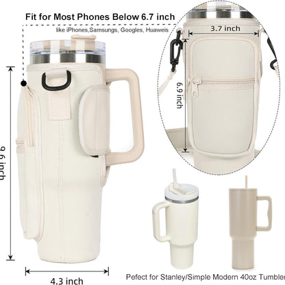 Adjustable Water Bottle Carrier Bag with Shoulder Strap, Tumbler Cup Holder, 40oz Tumbler Bag with Cell Phone Pouch, Cute Girly Accessories for Travel, Gym, and Outdoor Use (Mug Not Included)