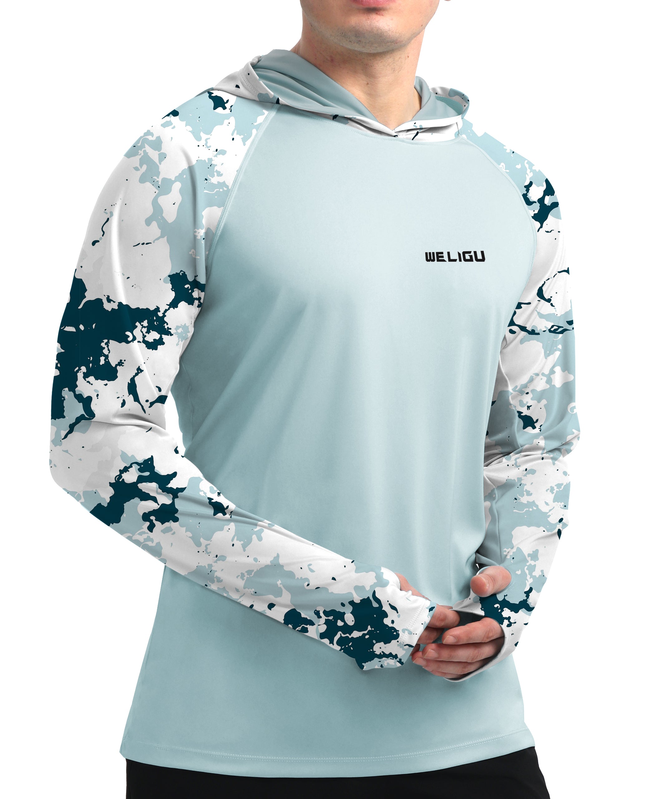 Blue Raglan Sleeve Camouflage UPF 50+ Sunscreen Hoodie
