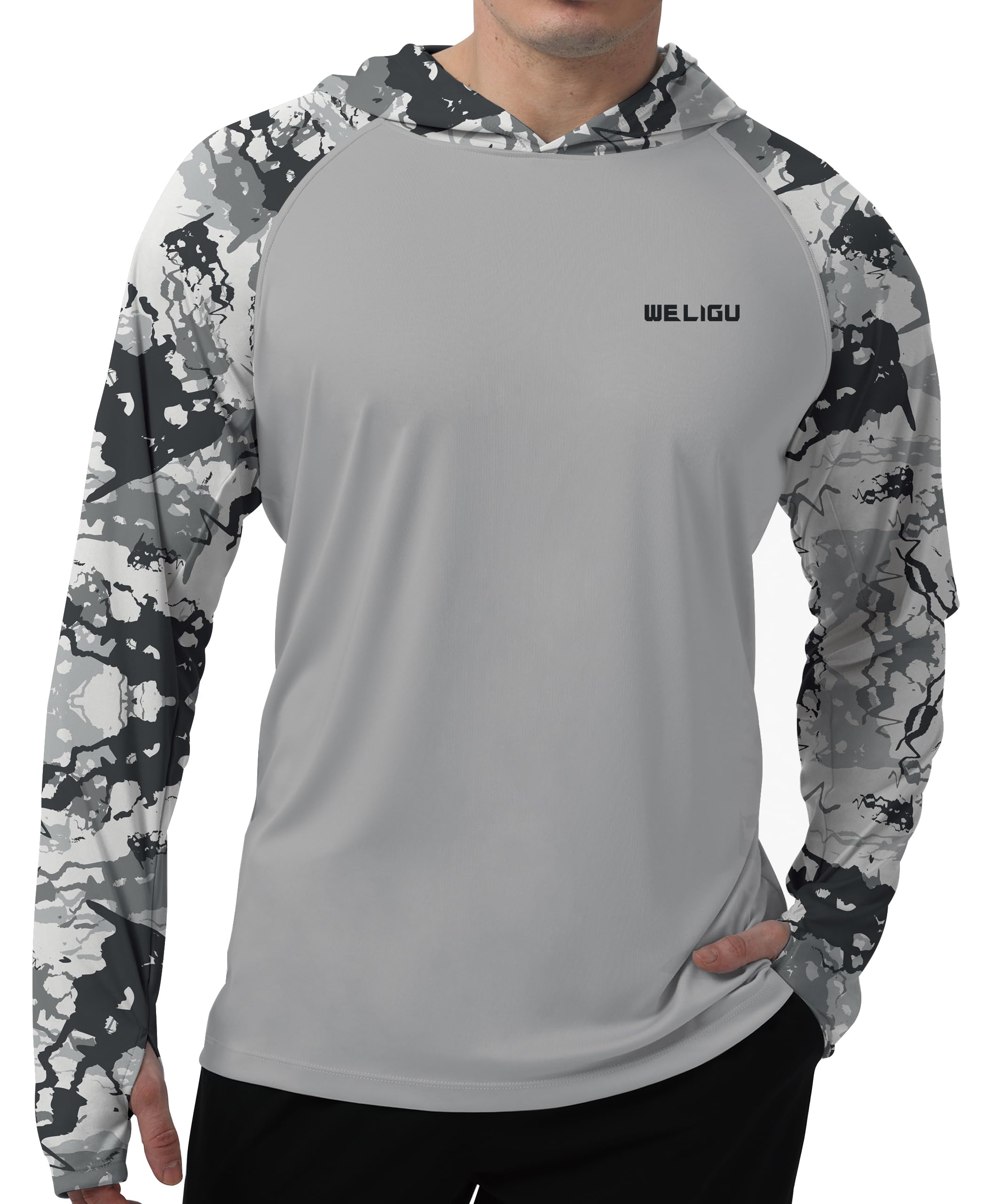 Grey Raglan Sleeve Camouflage UPF 50+ Sunscreen Hoodie